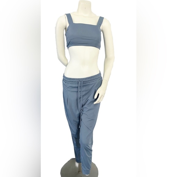 Mono B Pleated Front Jogger Square Neck Sports Bra Set Women’s M Dusty Blue EUC - Picture 2 of 9